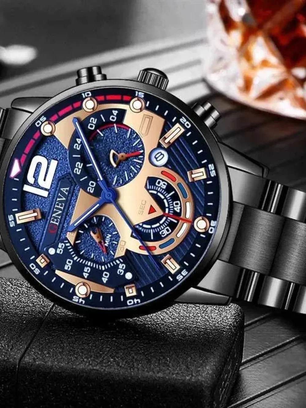 Geneva Men's Blue Dial Black Metal Bracelet Watch